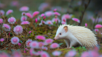 Close up portrait of an albino hedgehog hiding among purple forrest flower - 786173239