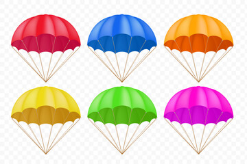 Collection of colorful parachutes. Templates isolated on a transparent background. Vector stock illustration - obrazy, fototapety, plakaty