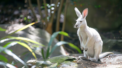 Close up portrait of a young albino kangaroo sitting on a rock. - 786173659