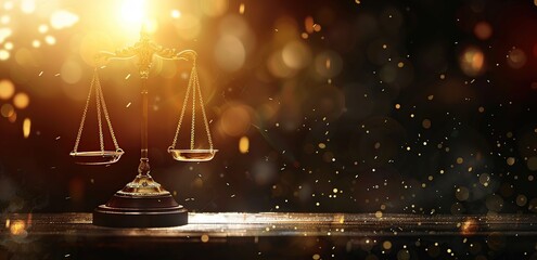 Golden scales of justice and wooden gavel on table in dark office. Concept law firm in bokeh background. - obrazy, fototapety, plakaty