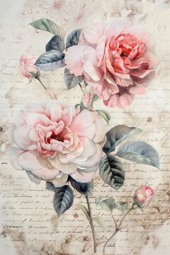 A vintage-style watercolor painting of soft pink roses with lush green leaves on a background of handwritten script and faded parchment,sense of nostalgia, elegance, and the timeless beauty of nature.