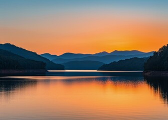 Sunset Over Lake With Mountains