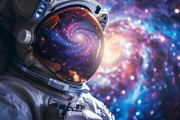 Astronaut Gazes into Mesmerizing Swirling Galaxy Reflected in Helmet Amidst Vibrant Cosmic Nebula