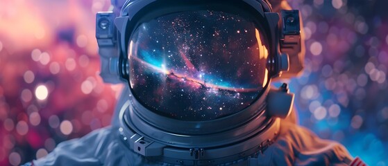 Astronaut Gazing Into the Infinite Wonders of the Cosmic Universe Through Reflective Visor Helmet - obrazy, fototapety, plakaty