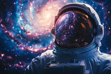 Astronaut Gazing into the Swirling Cosmos Reflected in the Helmet Amidst a Nebula of Blues and Purples