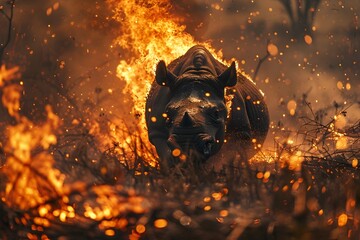 Desperate Wildlife Escaping Raging Wildfire Engulfing Their Habitat Underscoring Ecological Disaster - obrazy, fototapety, plakaty