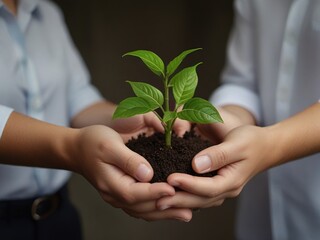 A pair of business hands holding green plants together symbolizes a green business enterprise. Agriculture and collaboration in a green enterprise