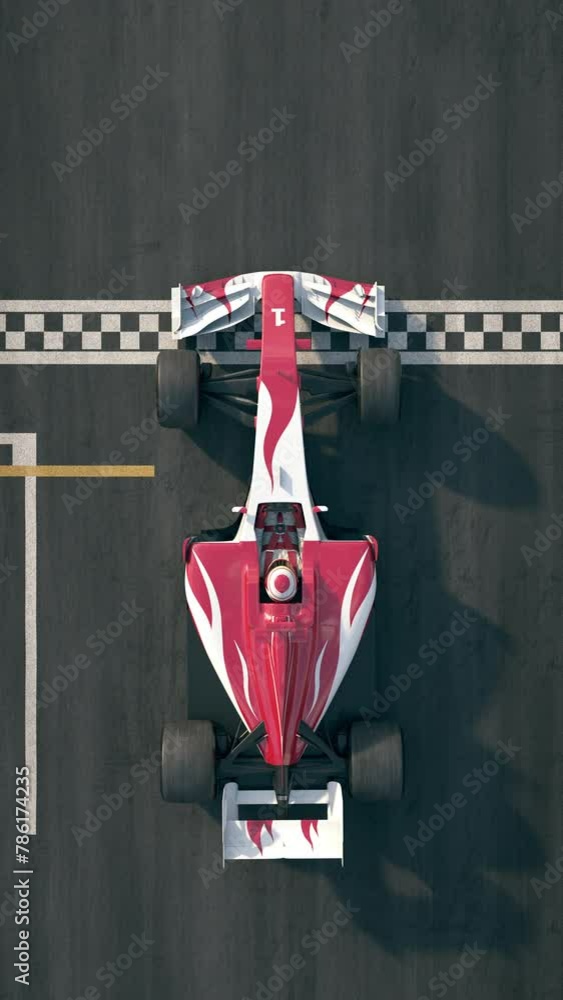 Poster top view of a generic race car driving across the finish line in slow motion. realistic high quality