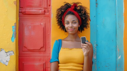Woman Standing in Front of Colorful Wall Holding Cell Phone