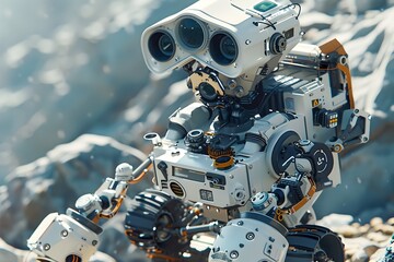 Fototapeta premium Explorer Robot Navigating Rugged Alien Terrain with Advanced Sensors and to Gather Scientific Data