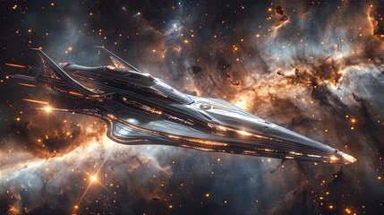 Futuristic Spaceship Soaring Through Illuminated Galaxy Nebula Symbolizing Human and Advancement - obrazy, fototapety, plakaty