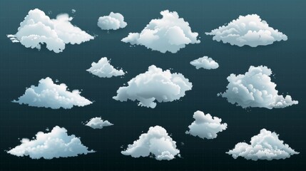 A realistic cumulus cloud set isolated on a transparent background. Modern illustration with white transparent smoke texture. Abstract fog, mist, evaporation, gas emission in air. - obrazy, fototapety, plakaty