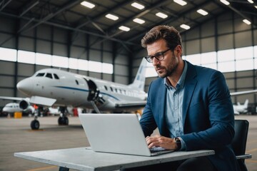 Man using laptop by airplane in hangar