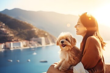 Woman with backpack and dog on a pier overlooking the ocean generative ai
