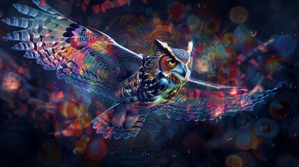 a captivating image of an abstract owl portrait adorned with vibrant double exposure paint, where the owl's silhouette is defined by a symphony of vivid colors and intricate patterns. - obrazy, fototapety, plakaty
