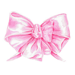 A watercolor painting featuring a pink ribbon bow on a white background, showcasing delicate petals and intricate details, creating a whimsical and elegant piece of art