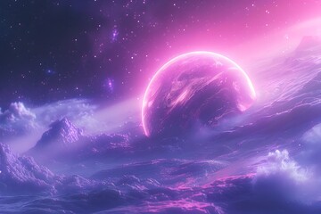 Neon Futuristic Sci Fi Space Landscape with Mysterious Glowing Planet in Surreal Cosmic Atmosphere