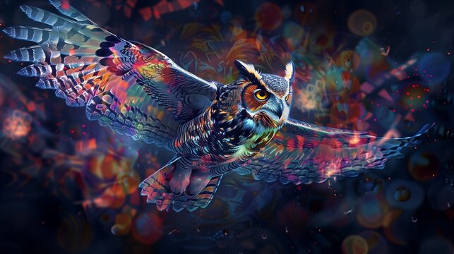 a captivating image of an abstract owl portrait adorned with vibrant double exposure paint, where the owl's silhouette is defined by a symphony of vivid colors and intricate patterns.