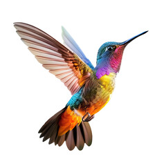 Vibrant multicolored hummingbird in flight isolated on white background