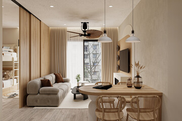 Exquisite Living Room with beige sofa, wooden table, and chairs against the beige wall