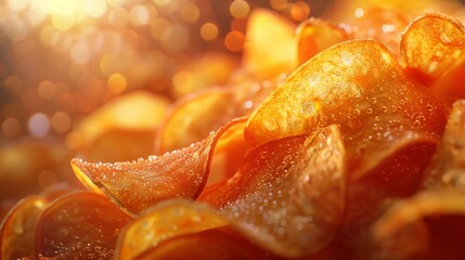 Macro photography of a pile of potato chips, a staple food in many cuisines - obrazy, fototapety, plakaty