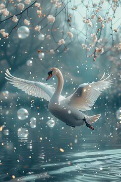 Serene Swan Gliding Amidst Shimmering Silver Balloons in a Dreamlike Cerulean Landscape