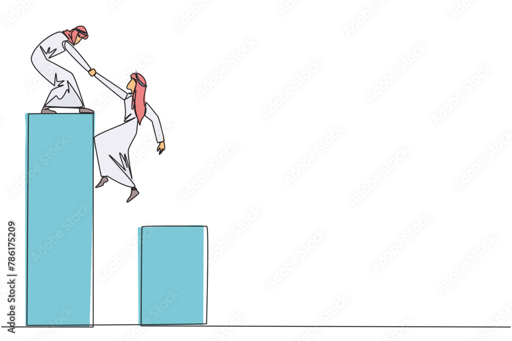 Poster continuous one line drawing arab businessman helps colleague climb bar graph. helps to climb to high