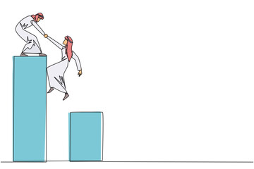 Continuous one line drawing Arab businessman helps colleague climb bar graph. Helps to climb to higher ground. Move forward and success together. Teamwork. Single line draw design vector illustration