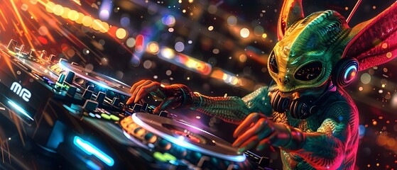 Fototapeta na wymiar Vibrant Cosmic Alien DJ Spinning Energetic Tracks at Pulsating Intergalactic Music Festival