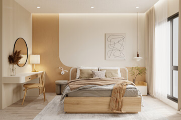 Modern bedroom, and living room in a contemporary house, with a 3D mock up canvas frame on the wall