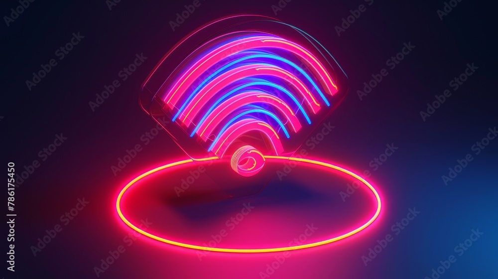 Poster a 3d wifi icon in neon light. abstract wireless wave sign glow icon. sound scan echolocation line co
