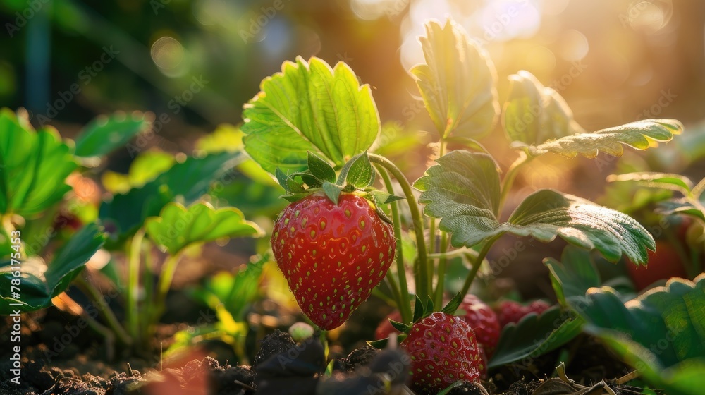 Poster a young and fresh strawberry surrounded by leaves under the morning sunlight in the garden