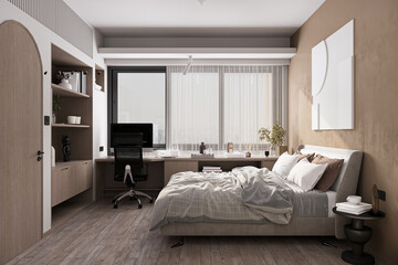 Stylish bedroom interior in modern apartment with small bed,