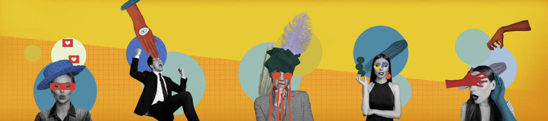 Composite collage panorama image of observe fashion model oversee privacy scrutiny security spy...