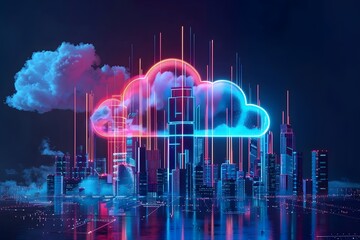A city skyline with a large cloud in the background. The city is lit up with neon lights, giving it a futuristic and vibrant atmosphere