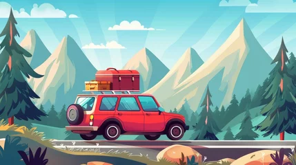 Fototapeten A car with luggage on top drives along a forest highway toward the mountains. Modern cartoon illustration showing red car with suitcases on cabin, lovely scenery with fir trees along the road, family © Mark