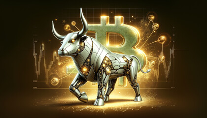 Bitcoin coin with silver robot bull and stock chart isolated on black. Bullish market of BTC.