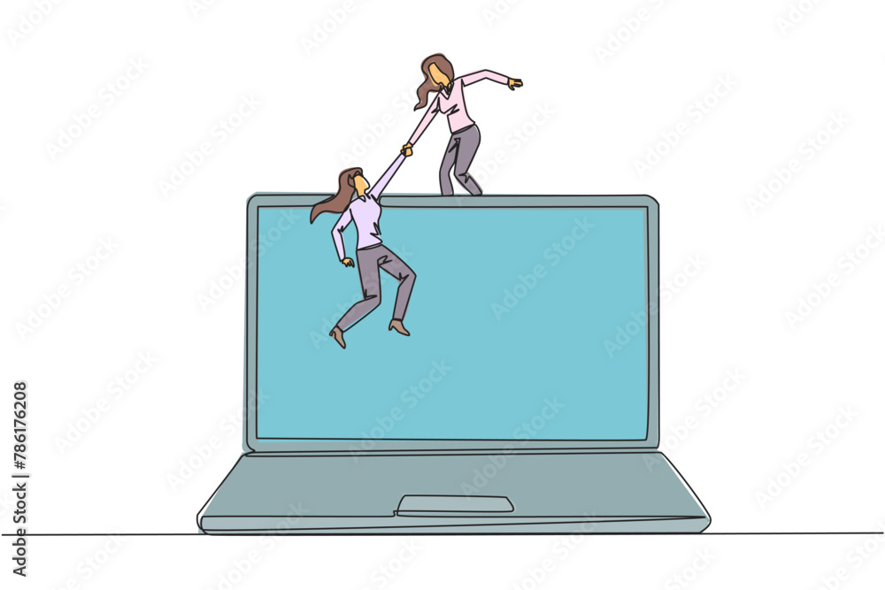 Aufkleber continuous one line drawing businesswoman helping colleague to climb a laptop computer. help create 