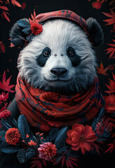 portrait of a panda with flowers 