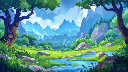 A wet day in a mountainous forest. Modern cartoon illustration of rain pouring from a gloomy cloudy sky. Wet grass puddles in a rainy day. Travel game background. - obrazy, fototapety, plakaty