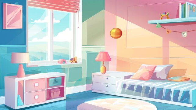 In this design you will find a girl child's bedroom interior in a house with furniture, toys, and drawers. Large empty toddler nursery apartment with a pillow, cubes, and lamp.