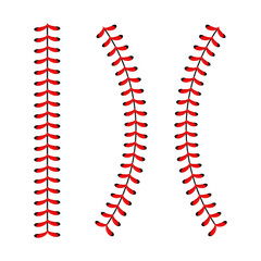 The red stitch or stitching of the baseball Isolated on white background. Sports Ball Red Laces Set. Vector illustration