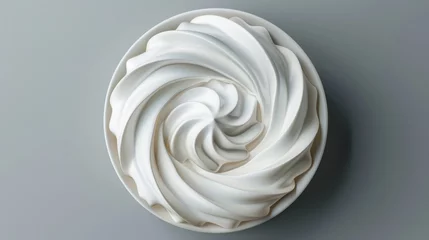 Fotobehang The white cake cream ice whip swirl is an isolated modern image. It's a soft vanilla foam decoration for pie food and cupcakes. Sweet real-looking whipped butter mousse curl tops for decorating © Mark