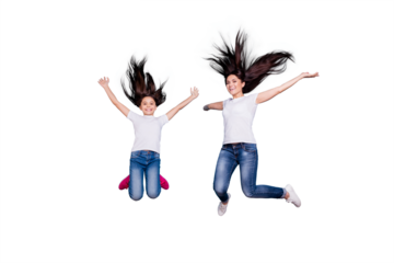 Full length body size view of two nice crazy lovely winsome attractive adorable cheerful cheery slim sporty people in white t-shirt rejoice isolated over blue pastel background