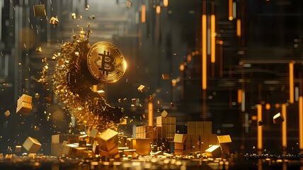 Bitcoin disaster: Shattered coin, stacked gold bricks, and stock chart in dark theme