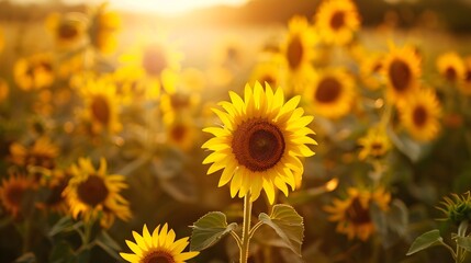 Warm and Glowing Sunflower Field at Golden Hour with Dreamy Natural Splendor