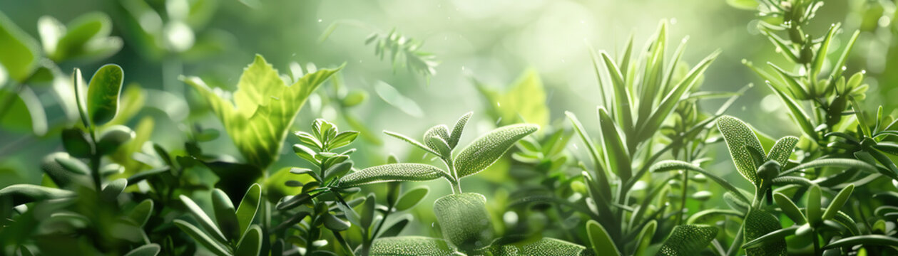Fresh green leaves on blurred background, panoramic banner with copy space, Ai Generated