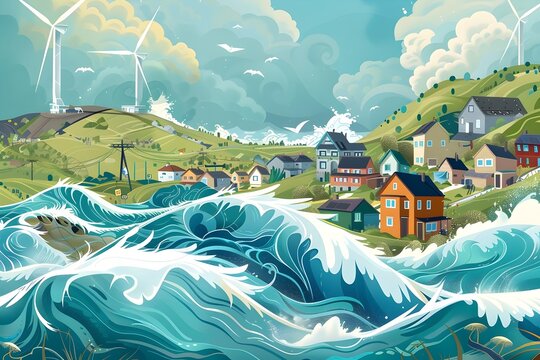 A painting of a town with a large wave crashing over it. The mood of the painting is one of chaos and destruction, as the wave threatens to engulf the town. The houses and buildings are small