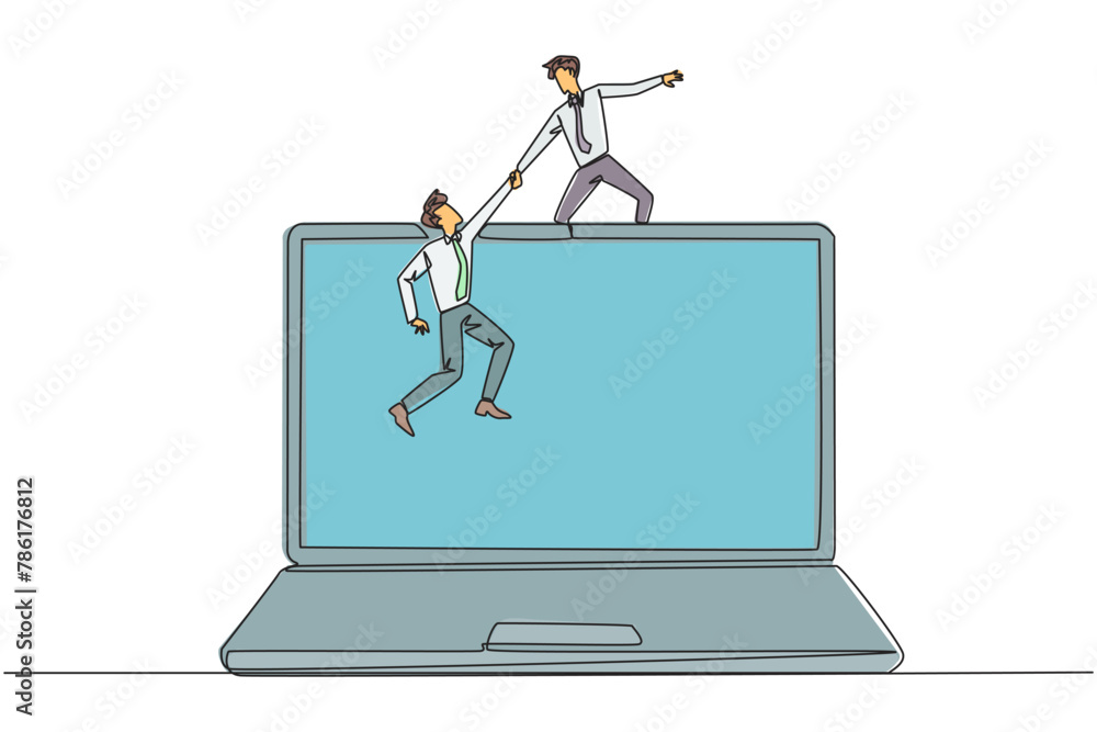 Poster single one line drawing businessman helping colleague to climb a big laptop computer. help create ap
