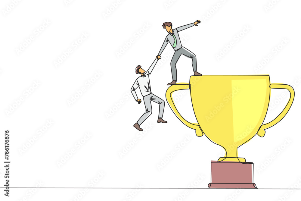 Poster single continuous line drawing businessman helps colleague climb the big trophy. an achievement that